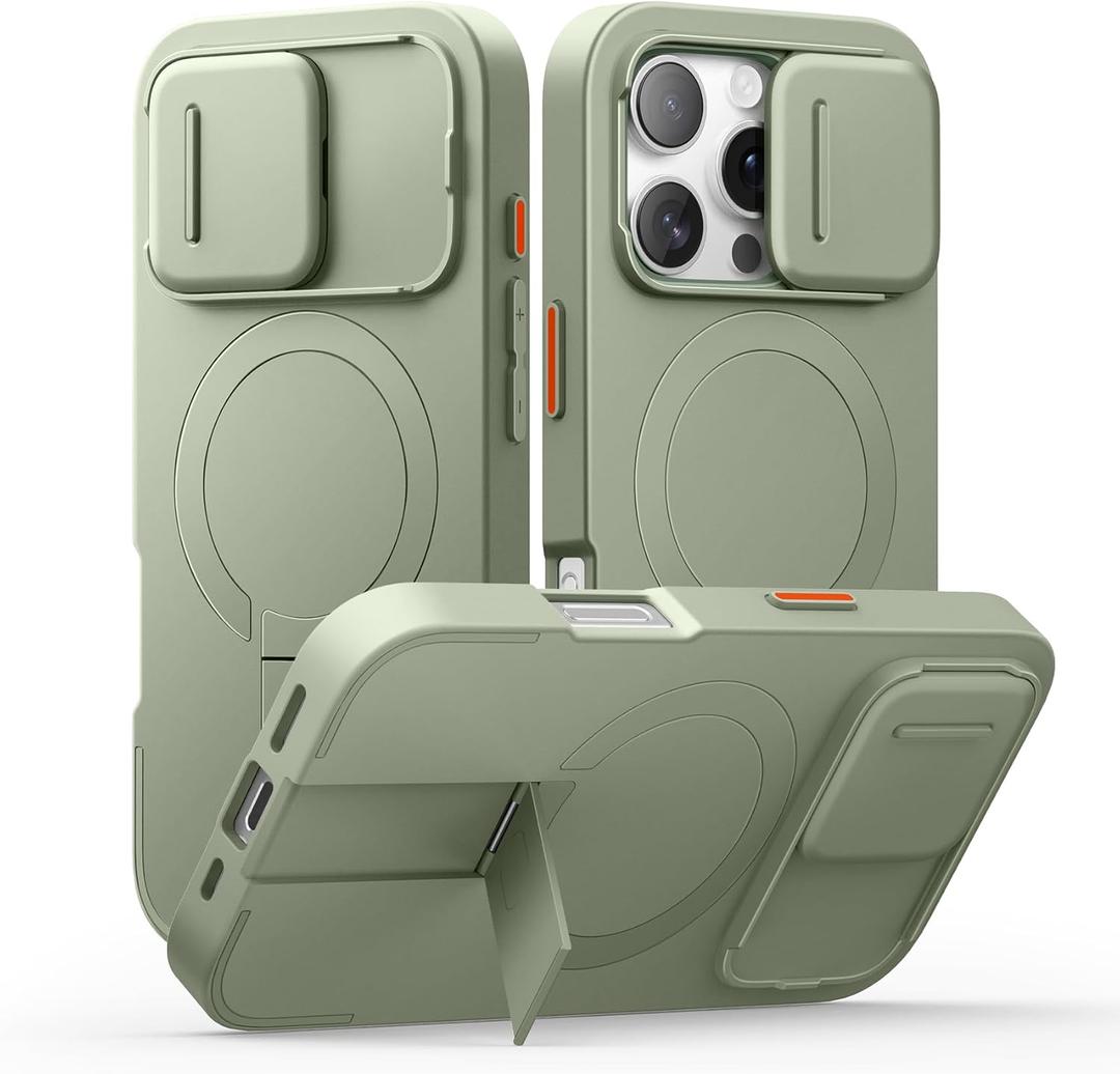 SURITCH for iPhone 16 Pro Case with Slide Camera Cover and Adjustable Kickstand, Compatible with MagSafe, Shockproof Bumper Case Slim Protective Cover for iPhone 16 Pro 6.3 Inch,Green