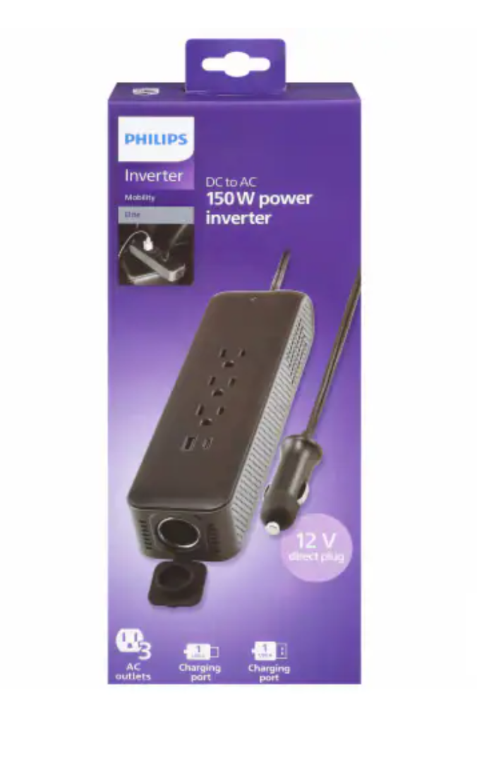 Philips Direct Plug Power Inverter 3 AC Outlets 1 USB-A 1 USB-C 175W