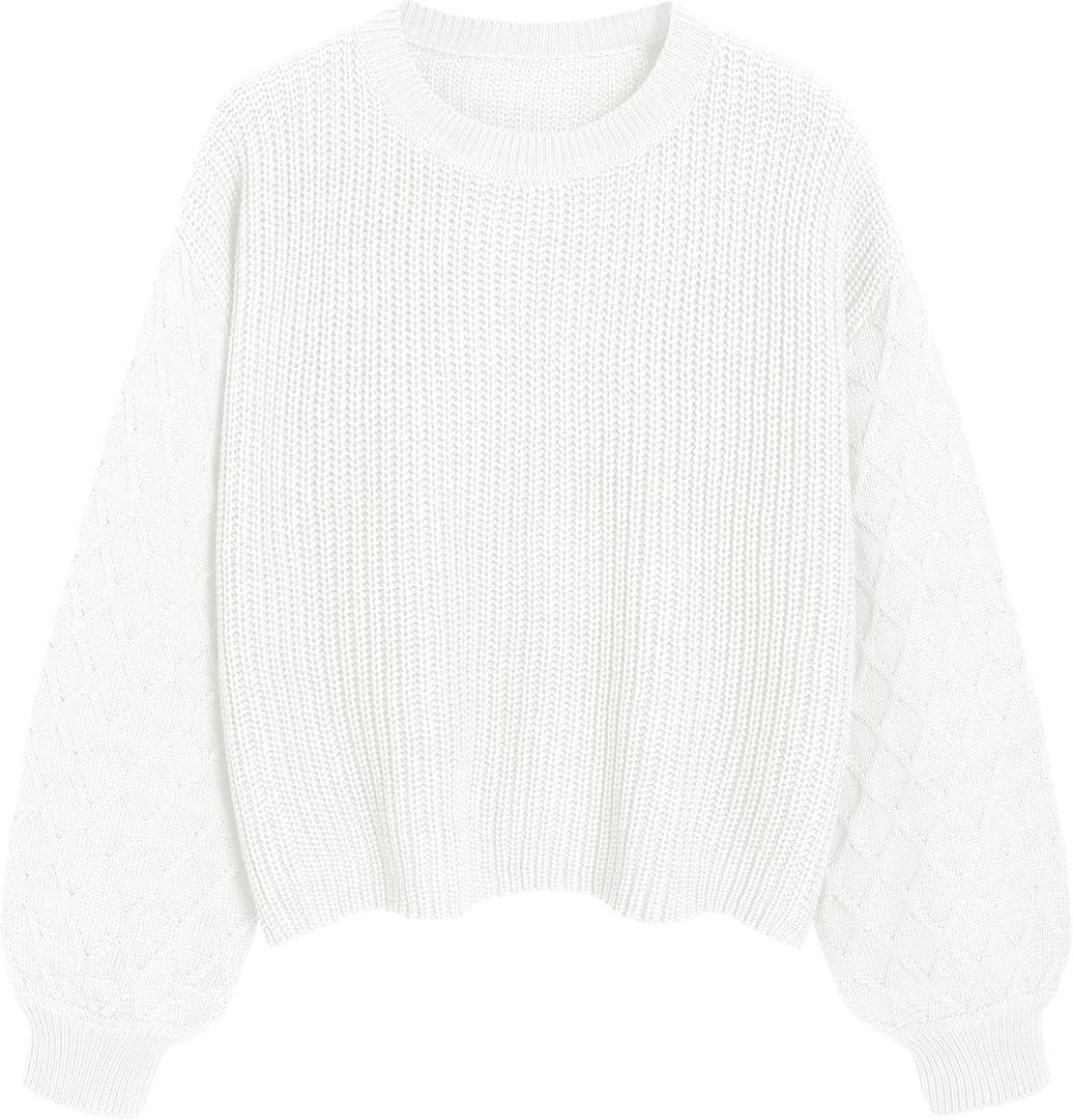 ZAFUL Women's Solid Knit Cable Sweater Casual Long Lantern Sleeve Pullover Crew Neck Knitted Tops (Medium, 3-white)