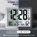 Digital Wall Clock Battery Operated with Backlight, Atomic Alarm Clocks with Indoor Temperature & Humidity for Bedrooms, Office, 8.5" Small Desk Clock with Large Display for Seniors, Auto DST, Sliver