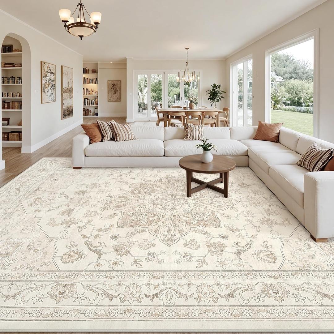 10x12 Area Rug for Living Room: Vintage Boho Neutral Washable Rug Indoor Soft Large Area Rug Carpet for Bedroom Nursery Farmhouse Dining Room Office Floor Non-Slip Low Pile Under Table Rug Beige White