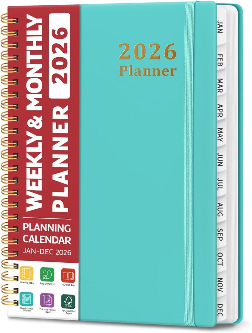 2026 Planner, Weekly and Monthly Calendar Planner, January 2026 - December 2026, Hardcover 2026 Calendar Book with Tabs For Women & Men, Inner Pocket, Spiral Bound, Perfect for Office Home School Supplies - A5 (6.3" x 8.5"), Aquamarine