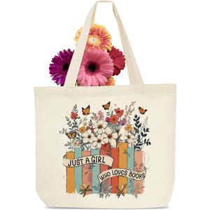 Women's Canvas Tote Bags, Cute Book Tote Bag, Library Tote Bag, Book Lovers Gifts, Canvas Grocery Bags With Handles, Tote Bags With Flowers And Butterflies, Christmas Gift For Readers-35