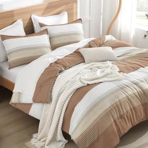 Litanika Queen Comforter Set Beige - 3 Pieces Lightweight Taupe Khaki White Colorblock Stripe Fluffy Bedding Comforter Sets, All Season Bed Set