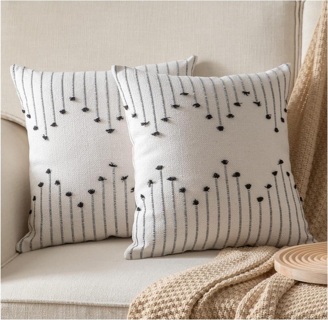 Caflife Boho Throw Pillow Covers 24x24 Set of 2 Decorative Pillows for Bed, Neutral Pillow Covers Beige with Black Line Throw Pillows for Modern Farmhouse Couch Sofa Living Room Outdoor
