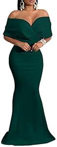 Sexy V-Neck Dress for Women Off Shoulder Backless Short Sleeve Elegant Bodycon Cocktail Floor Length Mermaid Maxi Dress for Evening Party with Zipper X-Large