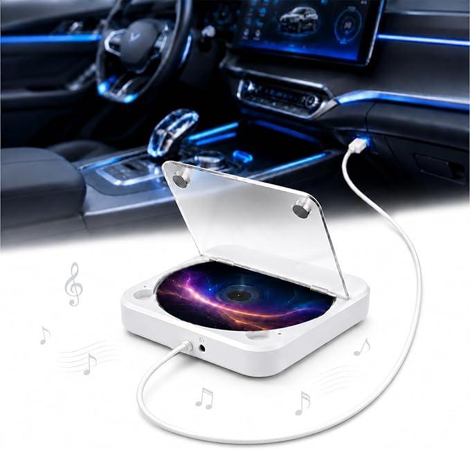 Portable Car CD Player, Plug & Play CD Player for Car, Anti-Skip, USB & AUX Compatible, Works with Laptop/Desktop/TV(White)