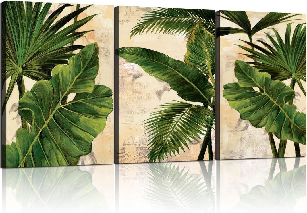 3pcs Framed Palm Leaves Banana Leaf Tropical Plants Wall Art Decor Canvas Print Nature Style Home Greenery Pictures Poster Gallery Bedroom Living Room Studio 16x24 Inch Ready to Hang