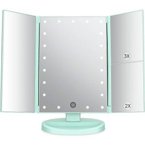 deweisn Tri-Fold Lighted Vanity Tabletop Mount Mirror with 21 LED Lights, Touch Screen and 3X/2X/1X Magnification, Two Power Supply Mode Make up Mirror,Travel Mirror (Green)