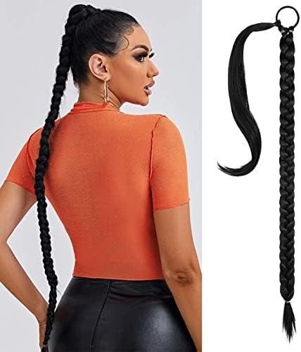 SEIKEA Long DIY Braided Ponytail Extension with Hair Tie Straight Wrap Around Hair Extensions Ponytail Natural Soft Synthetic Hair Piece Daily Wear Black 38 Inch (After Braided 34 Inch