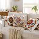 Embroidered Throw Pillow Cover 22x22 Classic Boho Floral Pattern Pillows Cover Outdoor Decorative Pillowcase,Durable Cozy Textured Cushion Case for Sofa Couch Bed Living Room,Orange Blue
