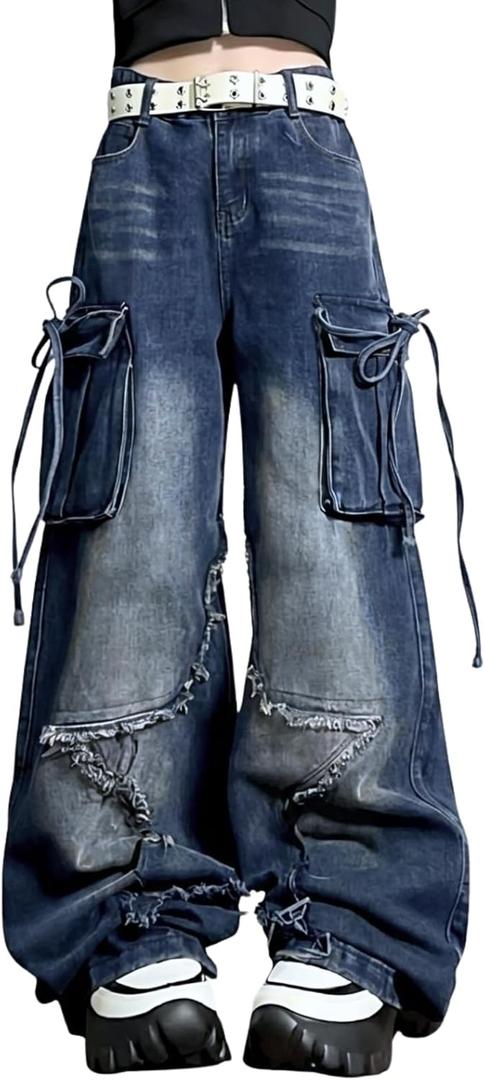 Baggy Pants for Women Girls Cute Jeans Y2k Pants Star Straight Leg Streetwear Clothing (X-Small, 1#blue)