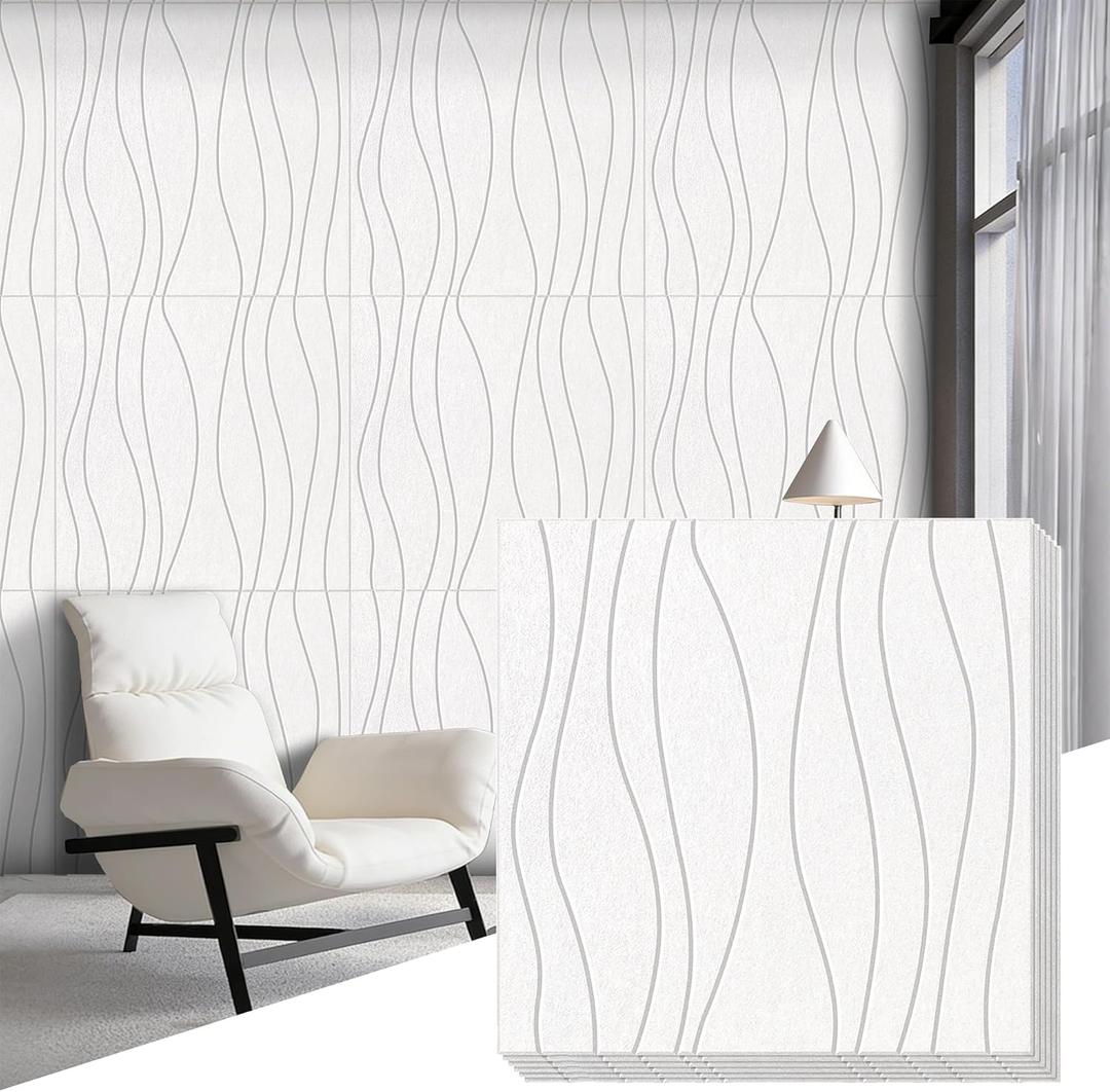 6 PCS Acoustic Panels, 23.6x23.6'' Self-Adhesive Soundproof Wall Panels,Water Waves Acoustical Wall Panels, Peel and Stick Wall Panel Decorative Acoustic Wall Panels for Recording and Home Studio (White)