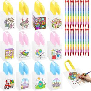 20 Pcs Easter Coloring Gift Bags for Kids with 20 Stackable Crayons, Reusable Non-woven Bunny Tote Bags, DIY Coloring Activity Set for Easter Party Favors, Classroom Rewards Bulk
