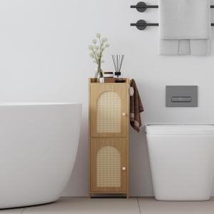 Rattan Bathroom Storage Cabinet,Corner Floor Cabinet with 2 Doors and Adjustable Shelf, Narrow Toilet Paper Cabinets with 2Hooks,Toilet Organizer for Small Spaces,7.87"D*9.84"W*29.72"H Oak