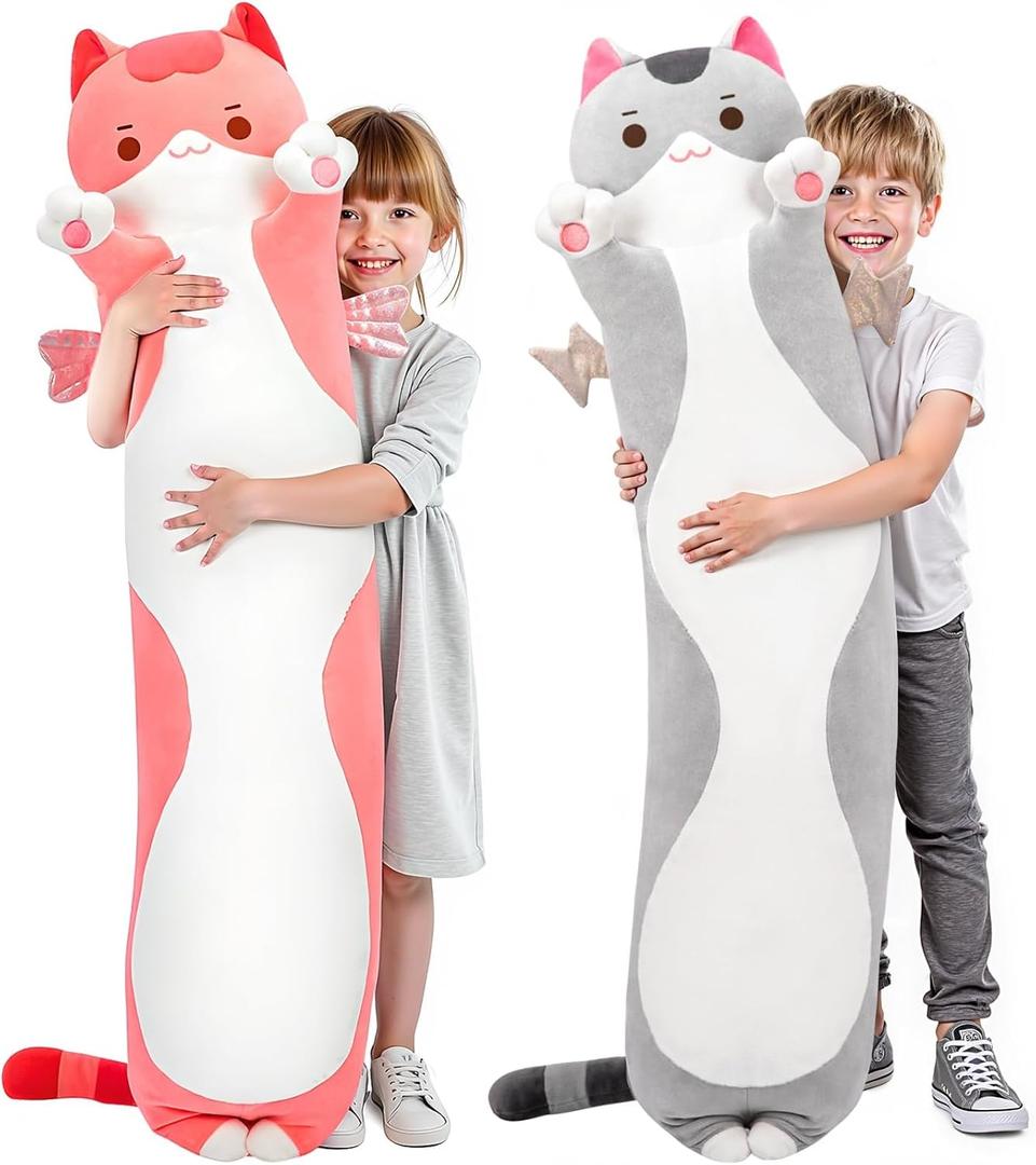 Long Cat Plush 5 Sizes, 120% Extra Filling Giant Plushness Kids Body Pillow, Kawaii Cute Pink Cat Stuffed Animals Plushies, Big Long Body Pillow Cat Plush Gift for Girls 28 (27.6in/70cm)