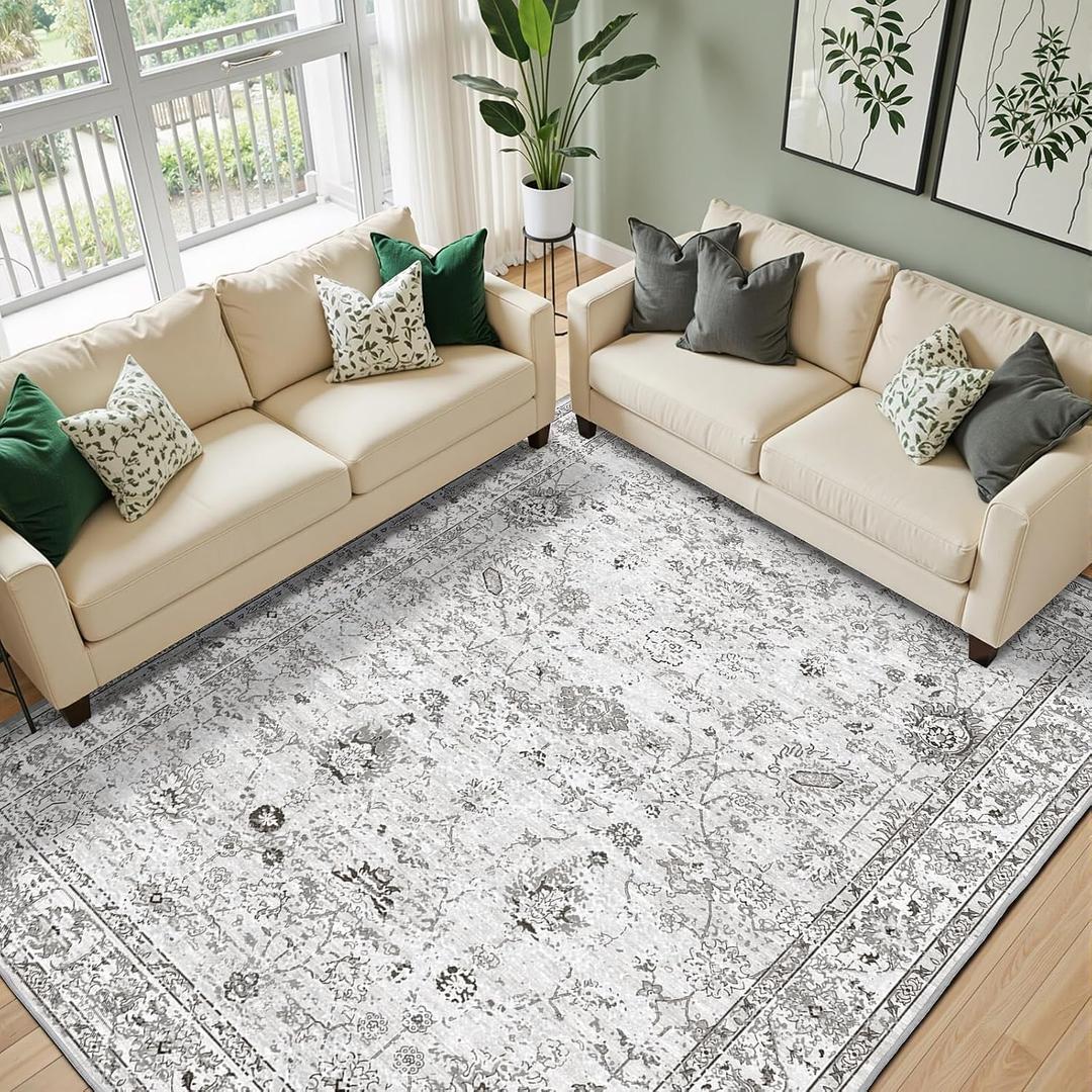Floral Washable 6x9 Area Rugs, Soft Grey White Bedroom Rug for Living Room Ultra-Thin Non Slip Dining Room Rug, Stain Resistant Rugs Easy Clean Throw Carpet for Office(6 x 9, Grey White)