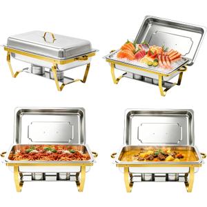9QT Chafing Dishes for Buffet, 4 Pack Stainless Steel Buffet Servers and Warmers, Rectangular Chafing Dish Buffet Set, Food Warmers for Parties Gatherings Banquet, Buffet, Party, Wedding, Gold
