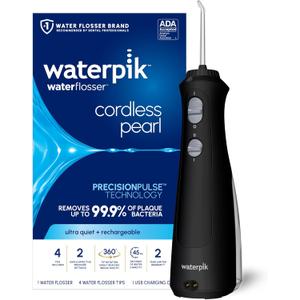 Waterpik Cordless Pearl Rechargeable Portable Water Flosser for Teeth, Gums, Braces Care and Travel, Extra Quiet, 4 Flossing Tips - ADA Accepted, WF-13 Black