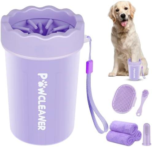 Professional 7 in 1 Dog Paw Cleaner for Dogs & Cats - Includes 1 Portable Paw Washer, 1 Bath Brush, 2 Dog Toothbrushes and 3 Absorbent Towels Note: Fits Paws 1.5 to 2.5 Inches Wide (Medium, Purple)