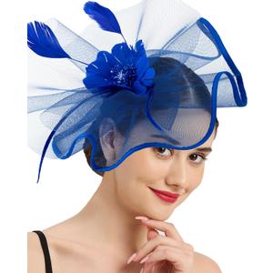 Tea Party Fascinator Hats for Womens 50s Floral Feather Headwear Derby Hats for Wedding Cocktail Party Hat (Blue)