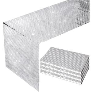 4PCS Glitter Disco Table Runner, 12" x 72" Retro 70s 80s Theme Decor, Silver Sequin, Party Supplies