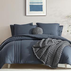 Monbix King Size Comforter Set - 7 Pieces Bed in a Bag King, Blue Gray Bedding Sets with Comforter, All Seasons Comforter Bed Set with Sheets, Pillowcases & Shams
