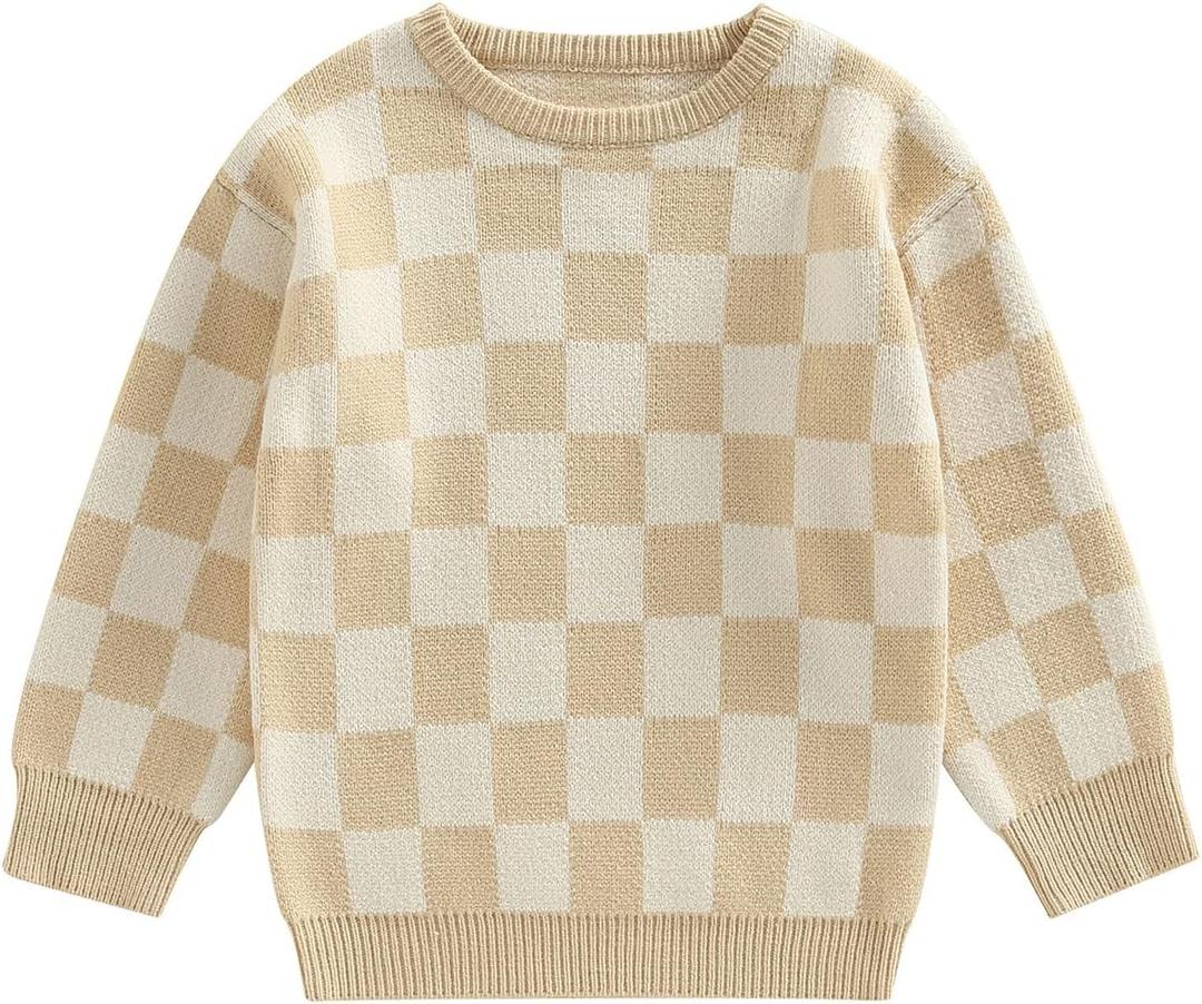 Kuriozud Toddler Baby Boy Girl Sweater Checkerboard Knit Crewneck Sweatshirt Soft Warm Fall Winter Clothes (3-4T, Plaid Beige)