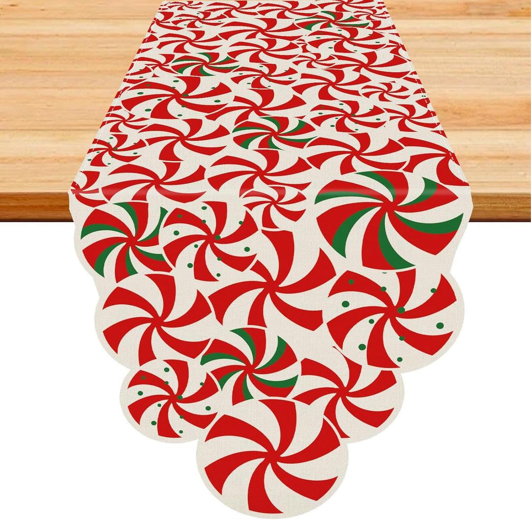 Christmas Table Runner Candy Cane Swirl Lollipops Red Table Decoration for Home Seasonal Winter Xmas Holiday Indoor Kitchen Dining Decor 13x90 Inch