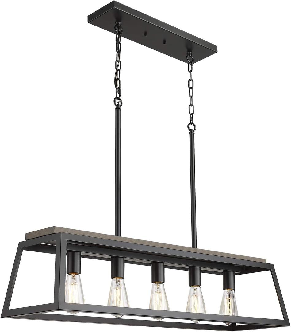 EAPUDUN 5-Light Farmhouse Kitchen Island Chandelier, 38-Inch,Rectangular Pendant Light with Adjustable Height, Black Metal & Wood Finish for Dining Room & Commercial Spaces, PDA1272-FBDT