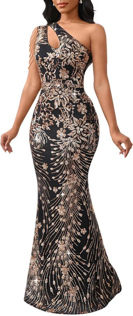 Cololura Women Sequin Elegant Sexy One Shoulder Tassel Mermaid Bodycon Cocktail Evening Dress, XL Cololura Women Sequin Elegant Sexy One Shoulder Tassel Mermaid Bodycon Cocktail Evening Dress, XL