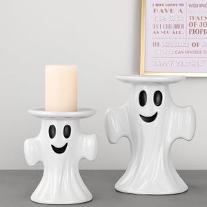 Mumufy 2 Pcs Halloween Ghost Candle Holder for Pillar Candle 5" 7" Tall Ceramic Cute Ghost Candlestick Holders White Pillar Taper Candles Stand Table Decor for Halloween Wedding Party Gift