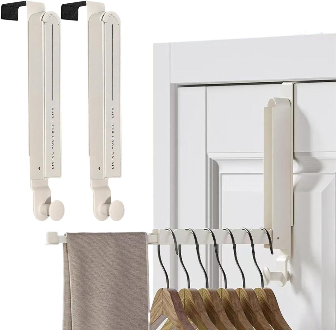Over The Door Drying Rack, Foldable Portable Over The Door Hooks Hanger with Retractable Hanging Rod, Over The Door Clothes Drying Rack Equipped with Non-Slip Pads for Door Protecter (2, Milky White)