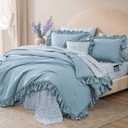 BLOOMHAVEN Queen Comforter Set - 7 Pieces Ruffle Blue Bedding Sets, Shabby Chic Farmhouse Bed in a Bag Queen with Ruffle Comforter, Floral Sheets, Pillowcases & Shams