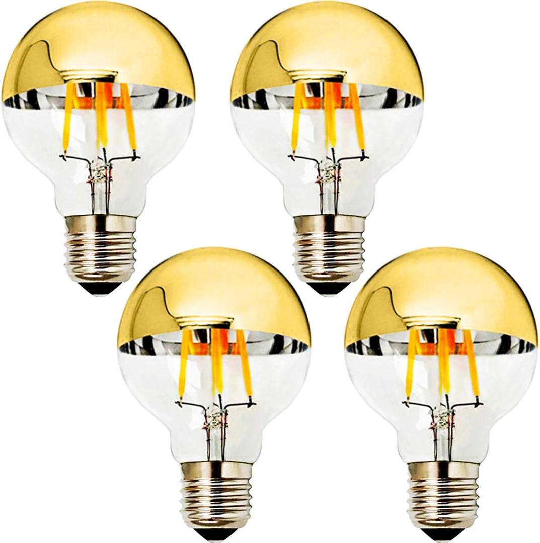 E26 4W Half Chrome Light Dimmable G25(G80), Warm White 2700K 40W Equivalent Led Globe Filament Vintage Anti-Glare Bulbs with Golden Mirror Top for Indoor Home Lighting, AC 110V(4-Pack)