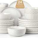 24 Piece Dinnerware Sets for 8 - Farmhouse Style Stoneware Plates and Bowls Sets - Scratch Resistant & Dishwasher Safe, Embossed Boho Ceramic Dish Set, Stack Compactly Dishware - Ivory White