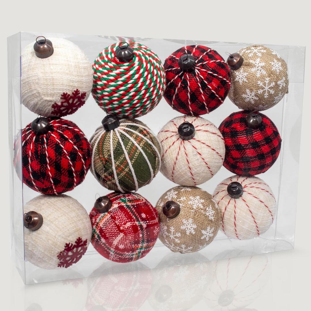 12PCS Burlap Christmas Ornaments, Rustic Jute Wrapped Balls 3.15", Snowflake Embroidered & Plaid Pattern Farmhouse Ornaments for Christmas Tree