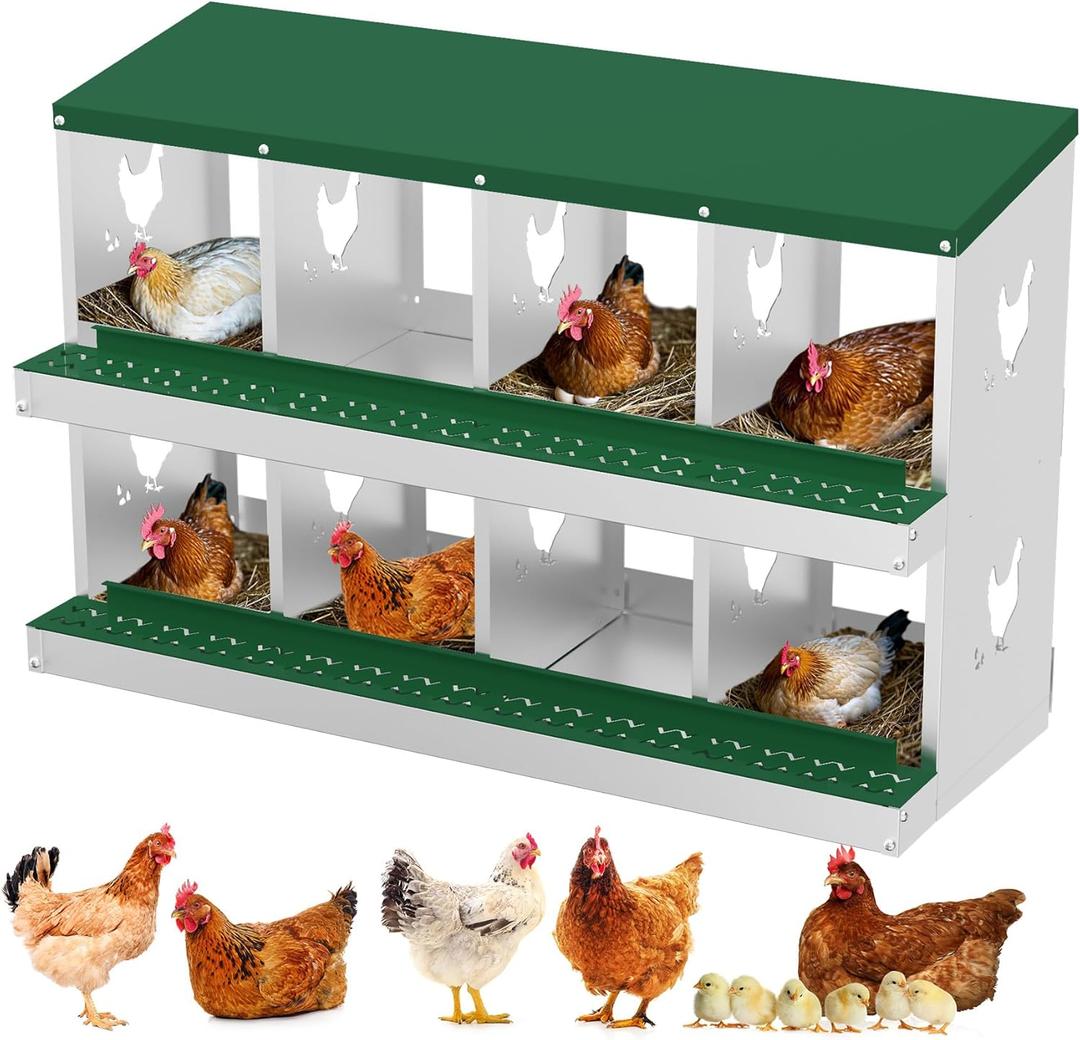 Nesting Boxes for Chickens, 8 Compartment Chicken Nesting Box, Metal Chicken Laying Boxes with Perch, Secure Lid, Versatile Wall Mount or Free Standing for Hens, Green