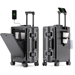 HotWay 26 Inch Checked In Luggage with Cup Phone Holder and Laptop Compartment, PC Hard Shell Suitcase with Spinner Wheels and USB Port, Large Luggage for Business Travel (Black)
