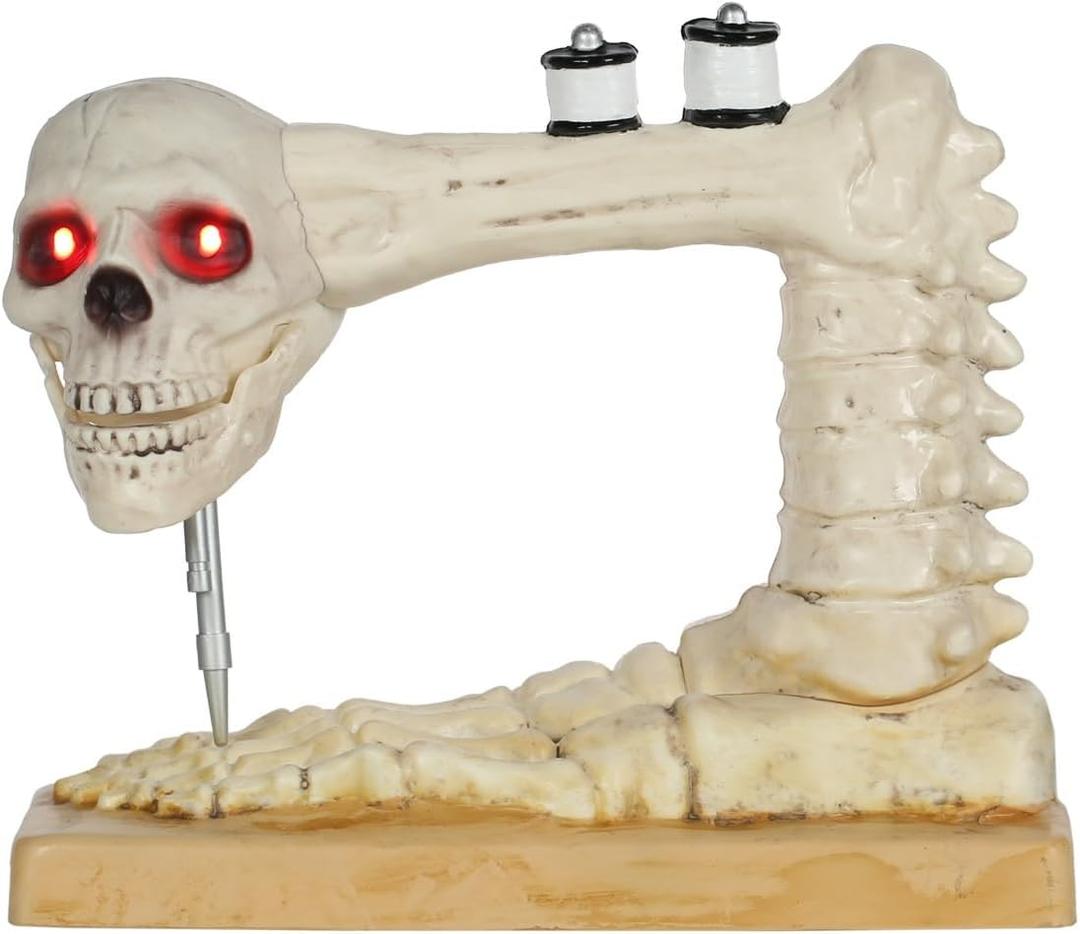 Crazy Bonez Skeleton Sewing Machine Halloween Decoration with Animated Skull, Light Up Eyes, and Sound Effects