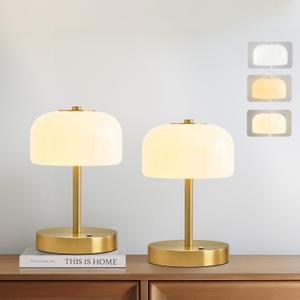 PORTRES Cordless Table Lamp Rechargeable Battery Operated Mushroom lamp Opal Glass Shade 3 Way Dimmable LED Touch Outdoor Lamp for Camping Bedroom Dining Living Room Beside Patio Restaurant,Gold (Gold - 2 Pack)