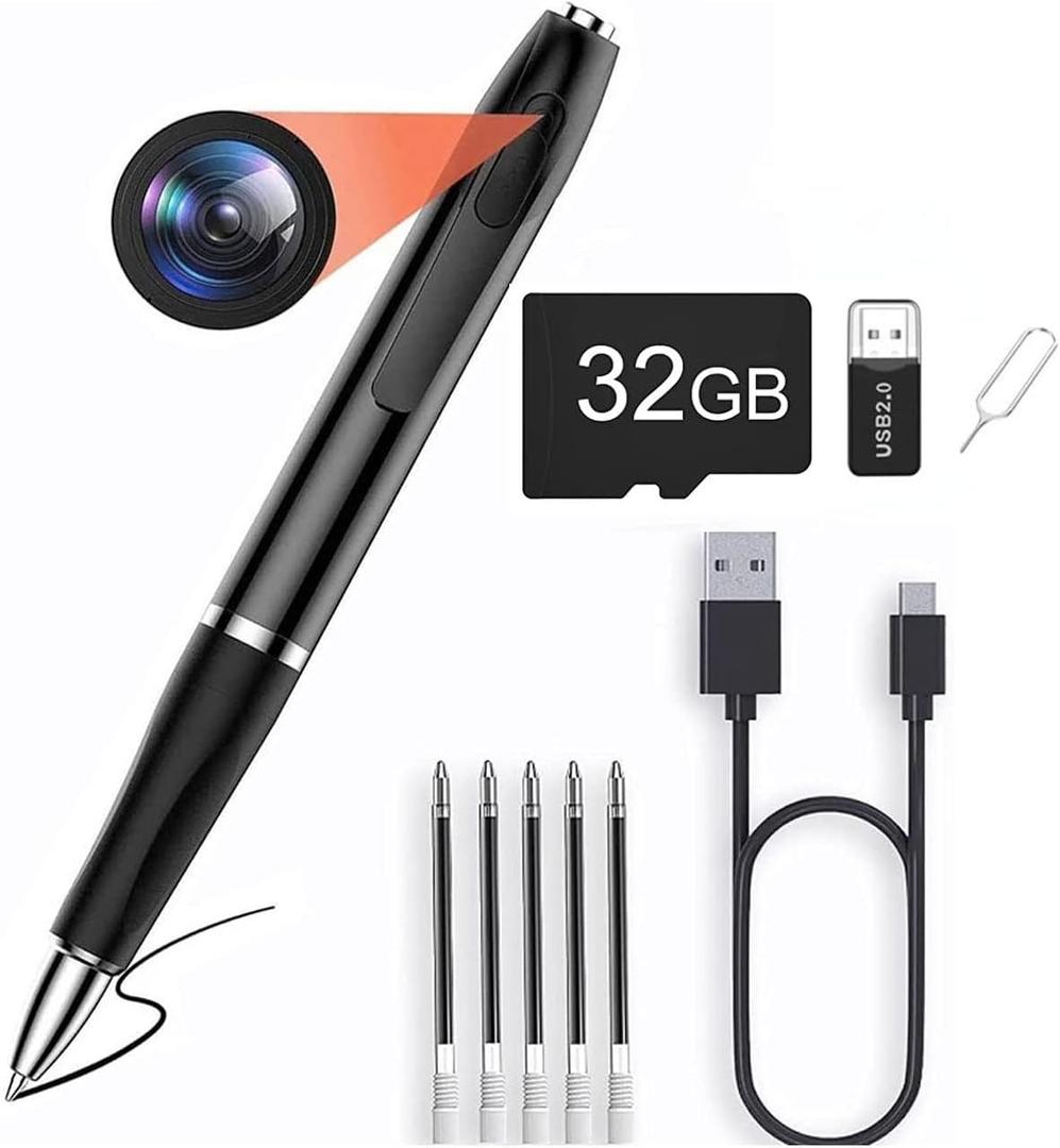 Spy Camera Pen 32GB,HD 1080P Hidden Pen Camera Portable Digital Video Recorder with Photo Taking,2 Hours Battery Pen Camera,Mini Body Camera 3 Ink Refills Pocket DVR for Business Conference