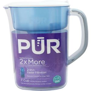 PUR 7-Cup Water Pitcher, 1 Genuine Filter, Cleaner, Great-tasting Water, Dishwasher Safe, Powerful, Faster Filtration, LockFit Cap Design - White