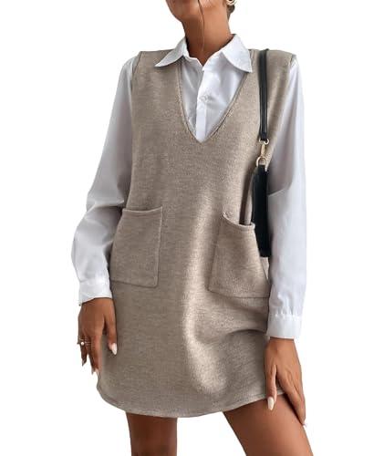 SEMATOMALA Women's Long Sweater Vest Overall Dress Oversized V Neck Sleeveless Spring Knit Shirt Short Dress AP-L Apricot L