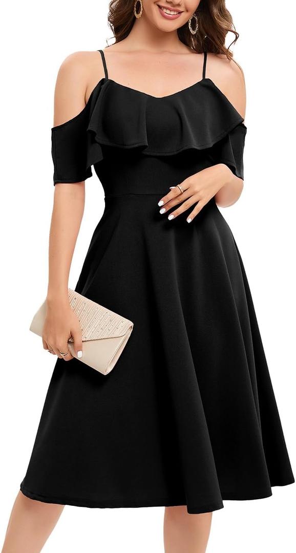 Bbonlinedress Womens Off The Shoulder Cocktail Dress, Formal Wedding Guest Prom Party Homecoming Graduation A-line Midi Dress (Black, L)