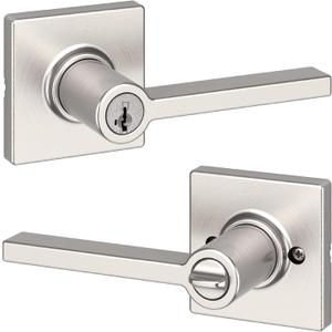 Kwikset Casey Entry Door Handle with Lock and Key, Secure Keyed Reversible Lever Exterior, For Front Entrance and Bedrooms, Satin Nickel , Pick Resistant Smart key Rekey Security and Microban (1 Pack)