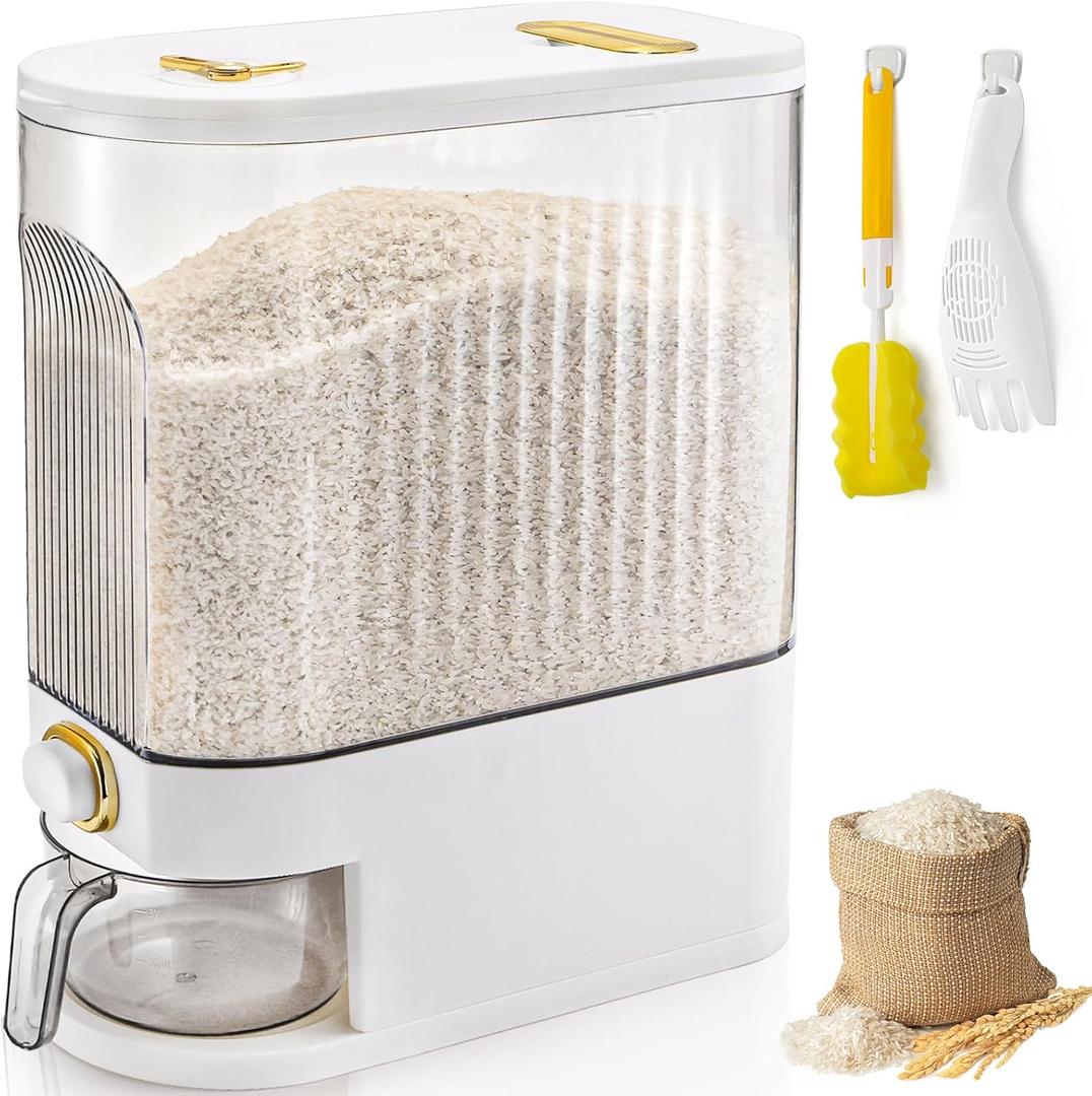 Clear Rice Holder Dispenser, 22 Lbs Large Grain Storage Container with Measuring Cup, Cylinder Household Food Dispenser Bucket Kitchen Organization for Cereal Oatmeal Coffee Bean Soybean Corn