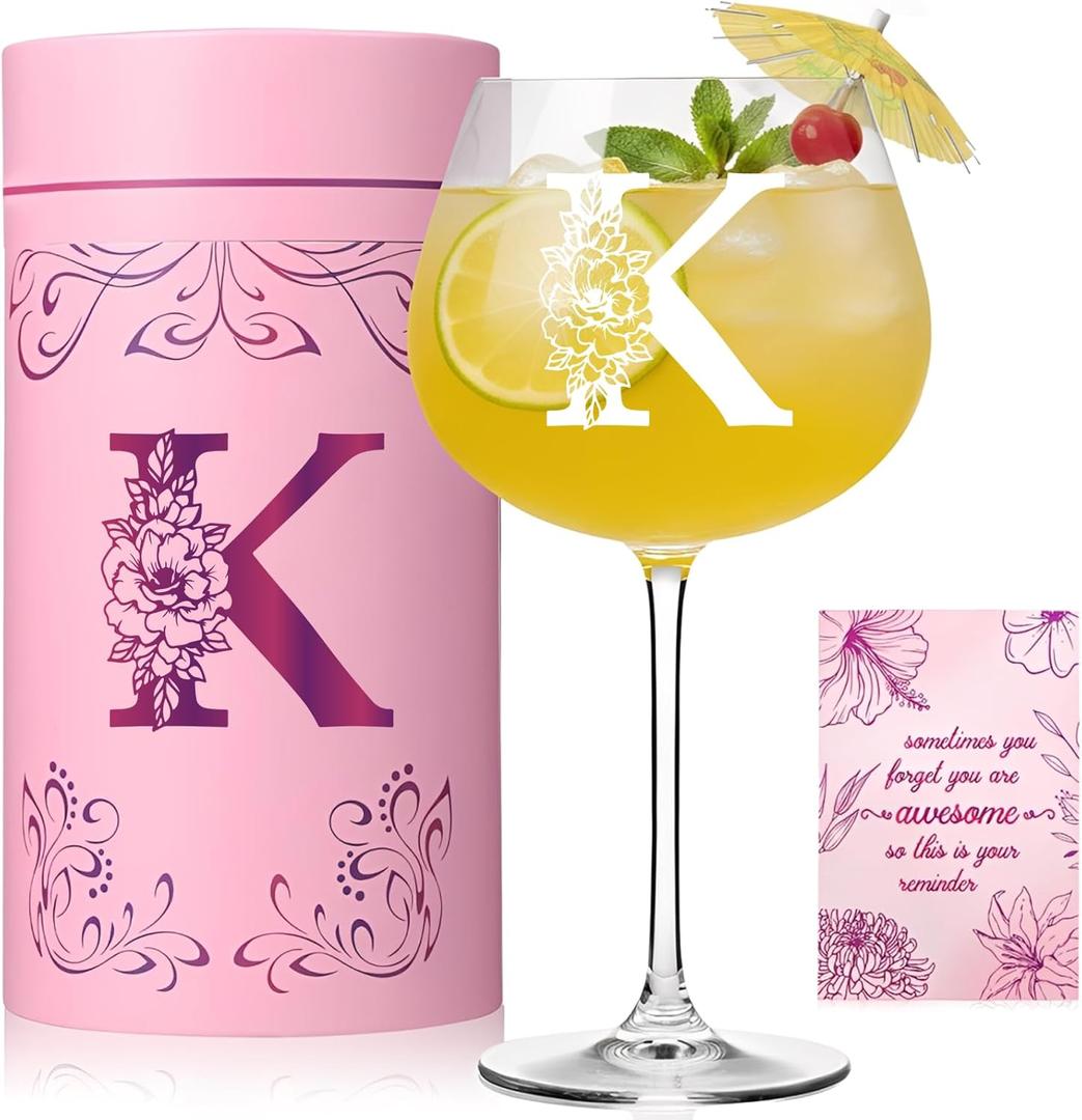 Physkoa Personalized Initial Wine Glass for Women - 20 oz Stemmed Monogrammed Glass, Customized Engraved Gift for Mom, Wife, Friend, Her - Birthday, Mothers Day, Wine Lover Gift