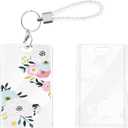 CameCosy ID Badge Holder with Lanyard Chain Keyring, Pretty ID Name Slide Badge Card Holder for Office/School ID Credit Cards Proximity Key Cards (White Rose Flower)