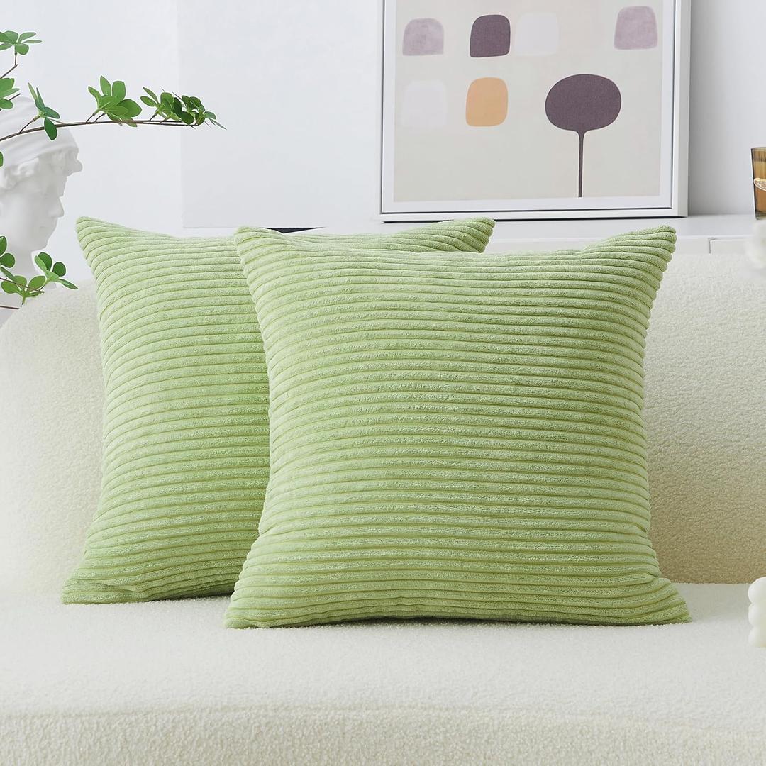 Home Brilliant Throw Pillow Covers 18x18 Set of 2 Super Soft Corduroy Striped Spring Pillow Covers Decor Cushion Covers for Couch Bedroom Decor, 18 x 18 inch, Apple Green